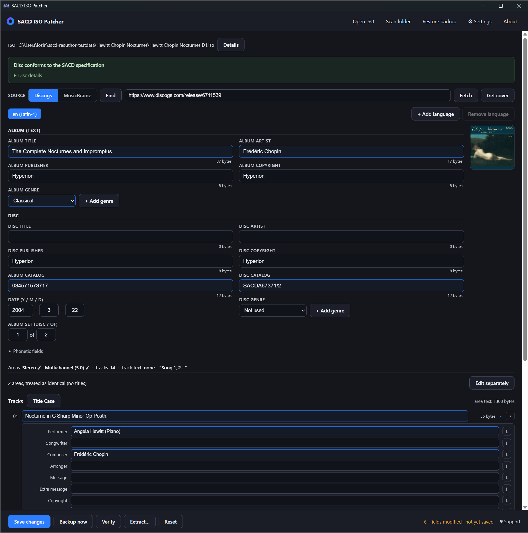 Metadata, cover art and per-track credits filled in