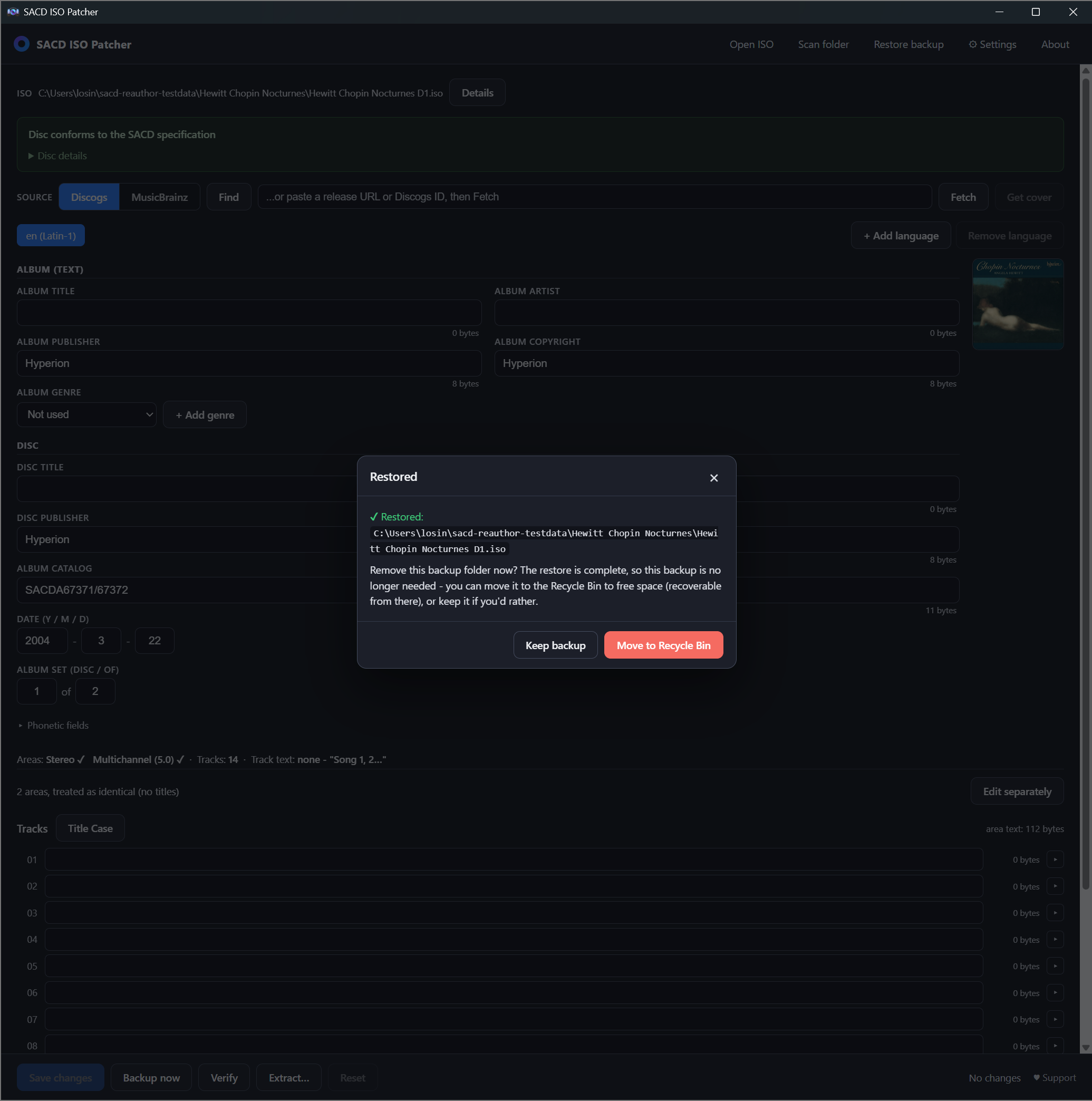 Restored from backup dialog