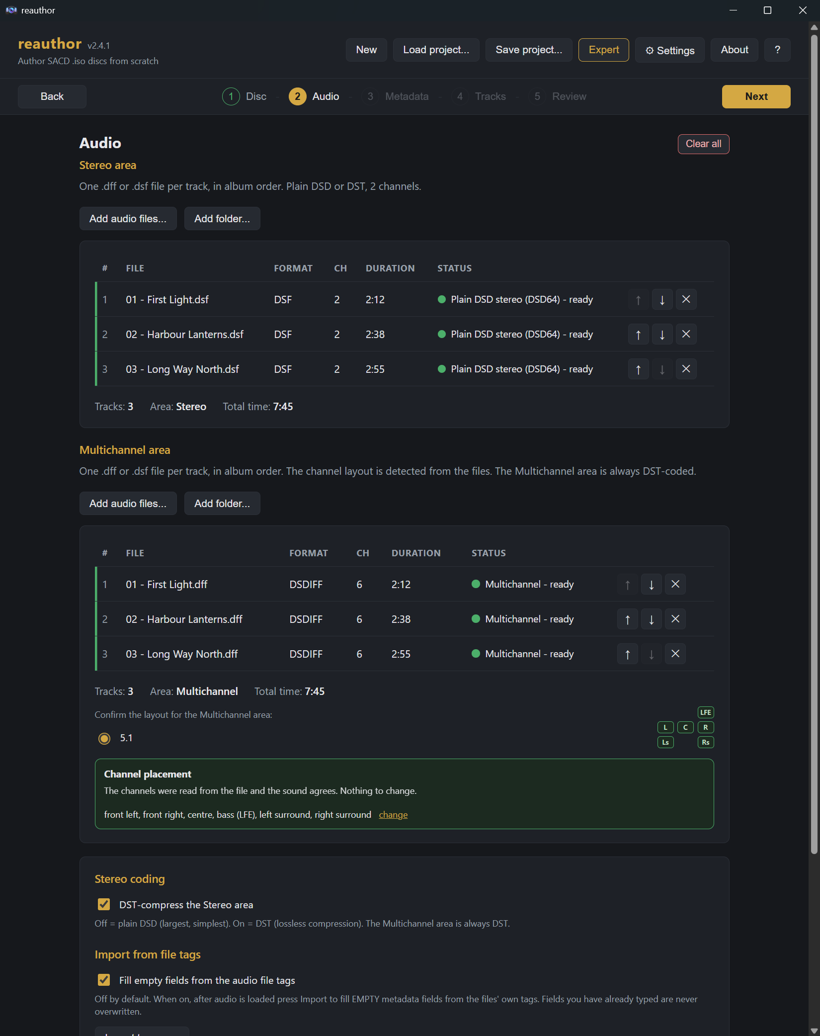 Audio step - track lists for the stereo and multichannel areas